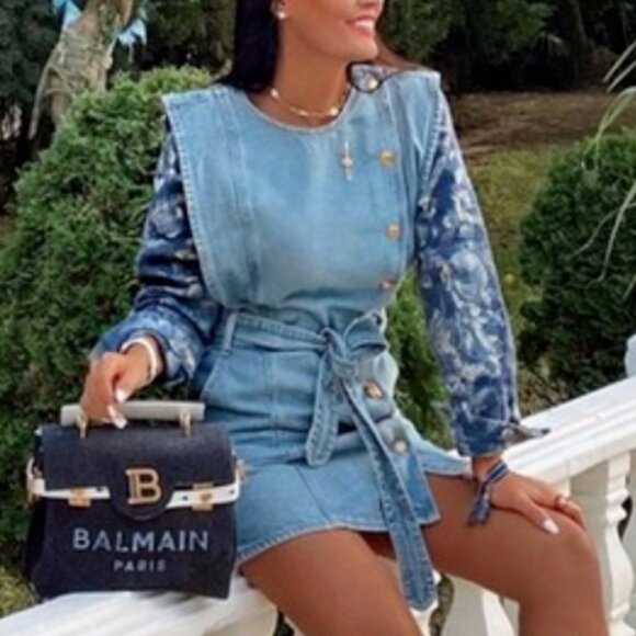 Zara Dresses & Skirts - Zara Mixed Media Button Up Mini Dress Denim Jacquard Long Jacket NWT